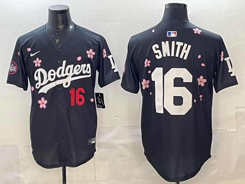 Men Los Angeles Dodgers #16 Smith Black Sakura Edition 2025 Nike MLB Jersey style 5